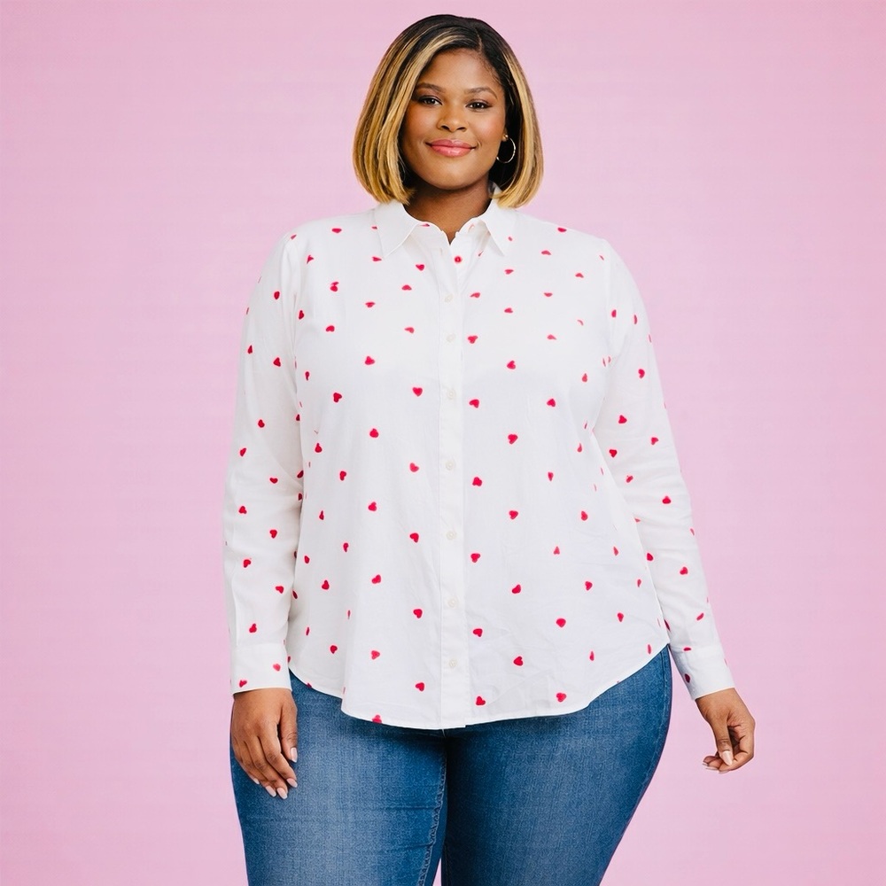 Torrid White Button Down Shirt with Red Hearts